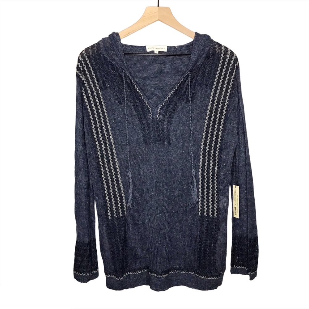 NWT NEW White + Warren Linen Tapestry Stitch Hooded Sweater in Blue S